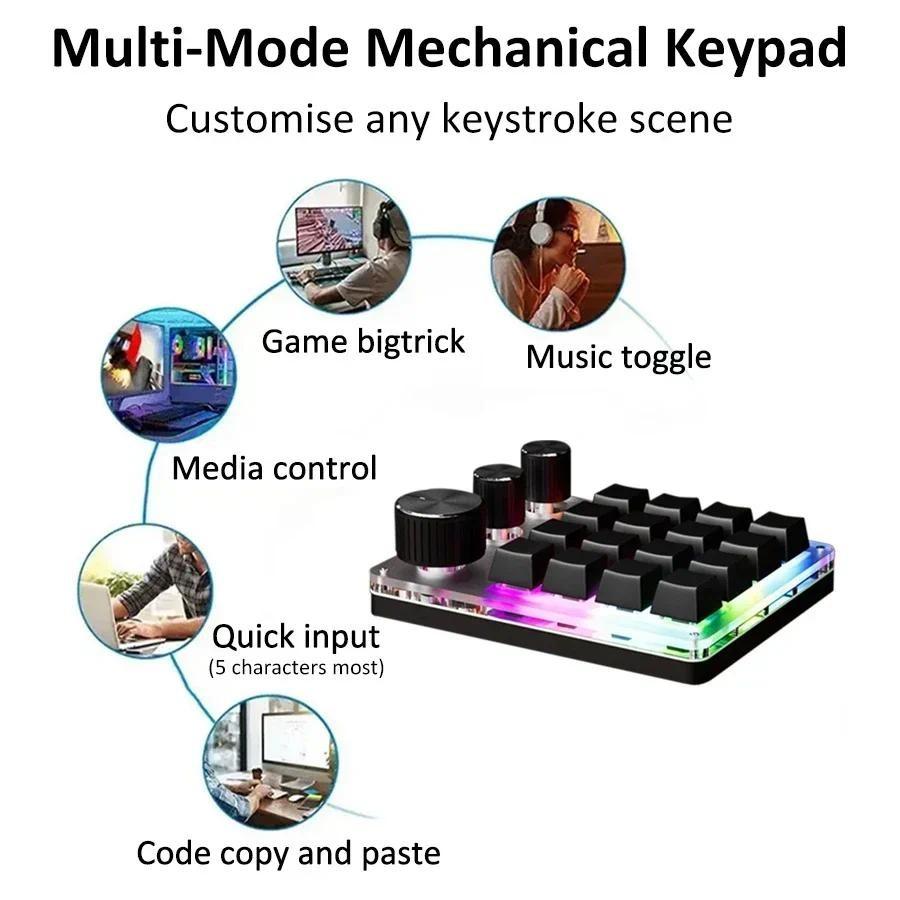 One-handed Mechanical Keyboard 16 Keys 3 Mode Macro Mechanical Keyboard Portable USB RGB Gaming Custom Programming Knob