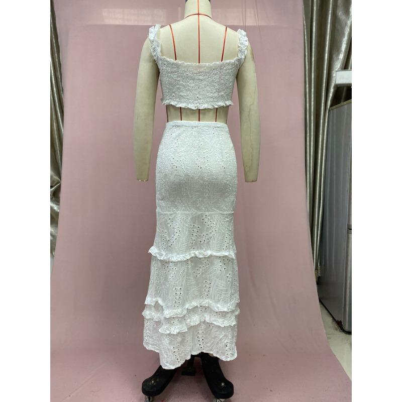 Летний женский комплект с кружевной длинной юбкой без талии с запахом на бедрах «рыбий хвост»