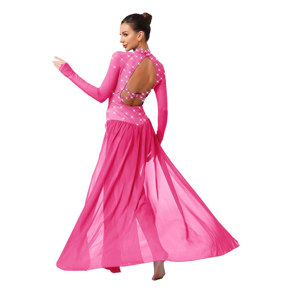 Женское блестящее платье для лирического танца со стразами, с длинным рукавом, открытой спиной, шифоновой юбкой с разрезом, цельный купальник-платье