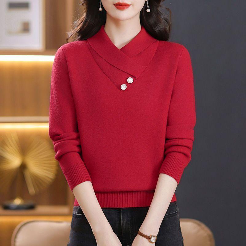 Красный свитер для мамы среднего возраста, женский, утолщенный, осенне-зимний, модный, иностранец, теплый вязаный свитер