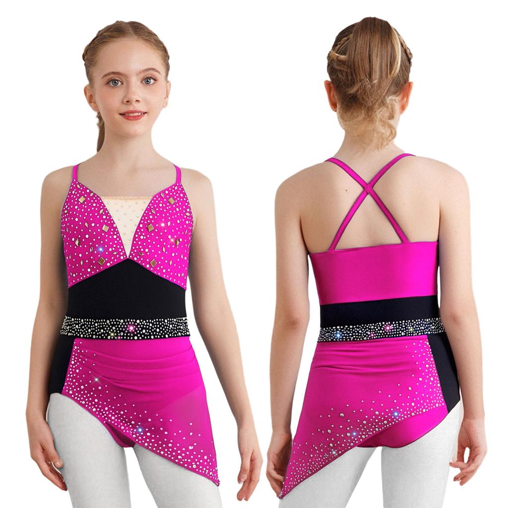 Платье для танцев для девочек с перекрещенными бретелями-спагетти на спине, цветной блок, сверкающие стразы для фигурного катания