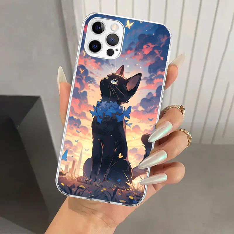 Аниме Милый Черный Кот Мяу Чехол для Телефона для Iphone 17 Air 16 15 Plus 14 13 Mini 12 11 Pro Max 16E 7 8 SE 2020 Мягкий Funda Печать Shel