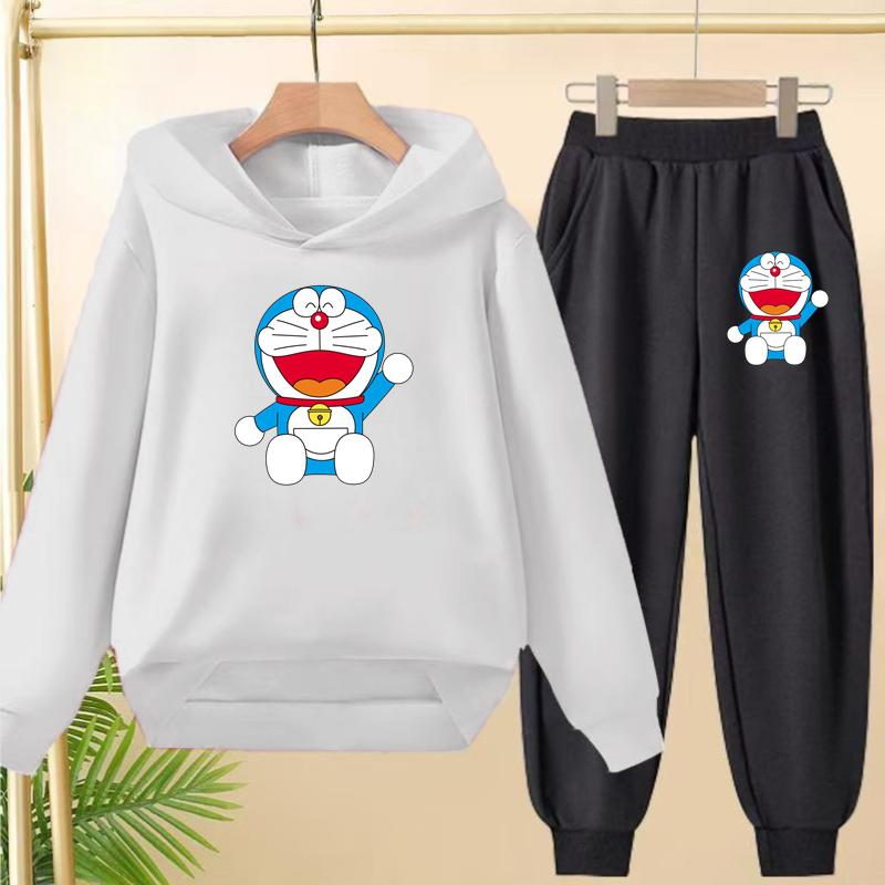 Doraemon Winter Warm Children's Hoodie Set, Casual Sporty Hooded Long Shirt and Long Pants Suitable for Boys Girls Aged 3 to 12