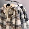 Мужская куртка с капюшоном, имитация двух частей, клетчатый узор, застежка-молния на пуговицы, уличное пальто