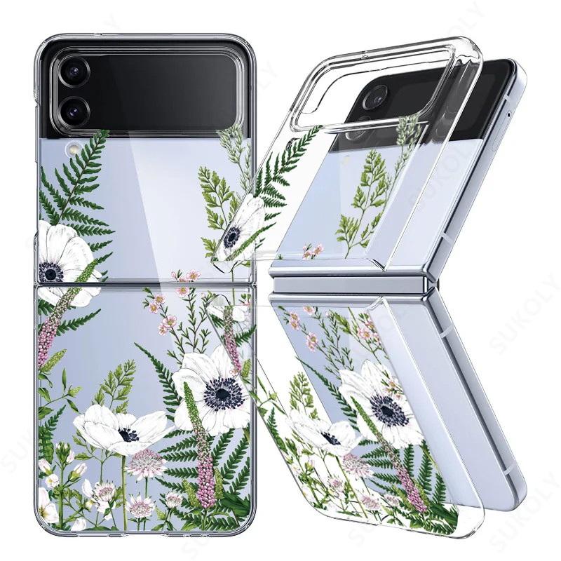 For Samsung Galaxy Z Flip5 Flip6 Flip4 Case Flower Pattern Shockproof Folding Transparent Cover For Samsung Galaxy Z Flip 5 4 3
