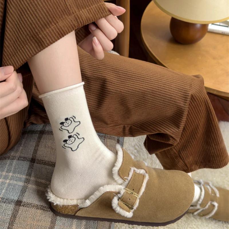 Милые носки с рисунком собаки из мультфильма в японском стиле Kawaii в горошек, женские носки в стиле Harajuku Vintage, корейская мода, уличная одежда, длинные хлопковые носки