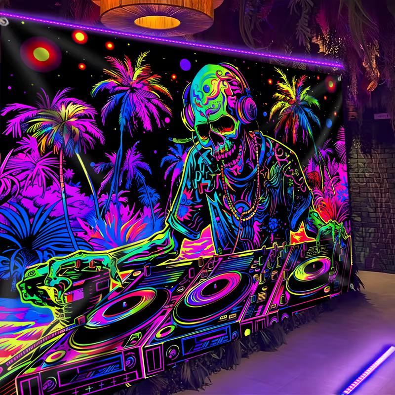 Светящаяся в темноте настенная роспись «Череп DJ», настенное искусство для вечеринки с ультрафиолетом с неоновыми пальмами для спальни и клуба