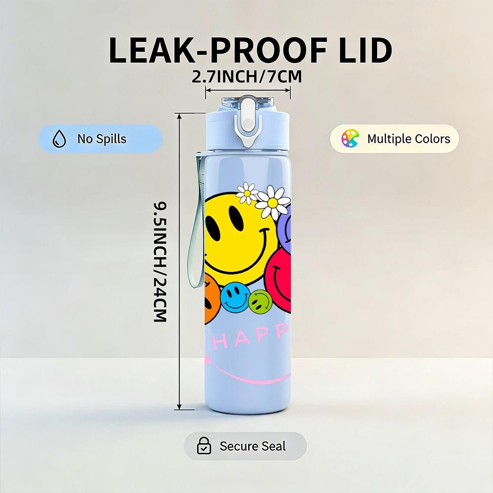 1PC Multi Color Smiley Faces Pattern 750ml Color Plastic Sports Water Bottle Leakproof Flip Straw Lid Suitable for Sports Office Home Use