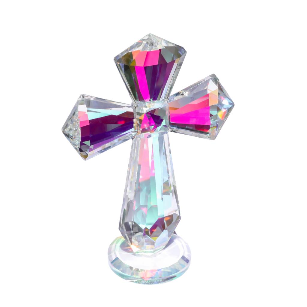Small Bridge Handmade AB Color Crystal Glass Holy Cross Collectible Angel Figurine Polished Hexagon Clear Standing Souvenir