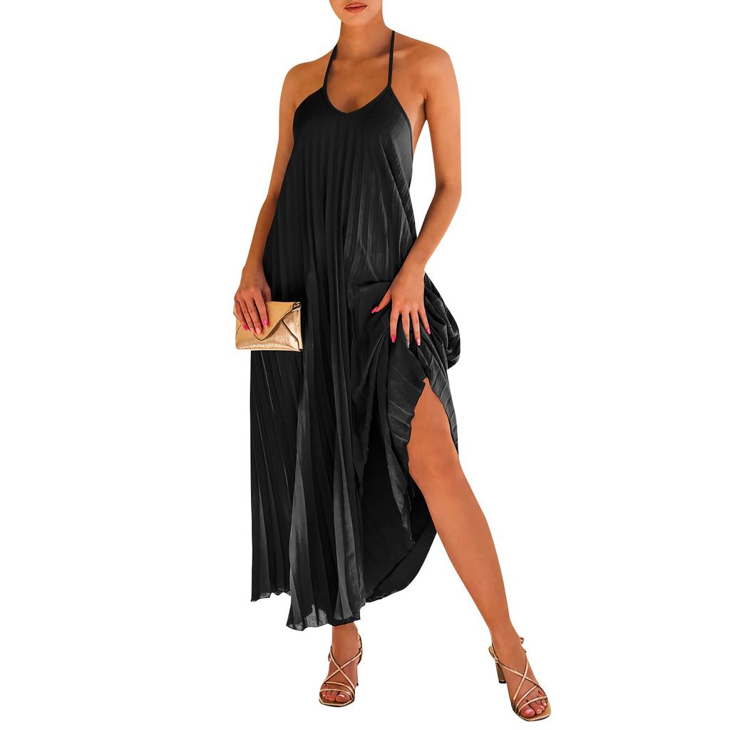 Женское однотонное плиссированное пляжное длинное платье трапециевидной формы с v-образным вырезом и завязками