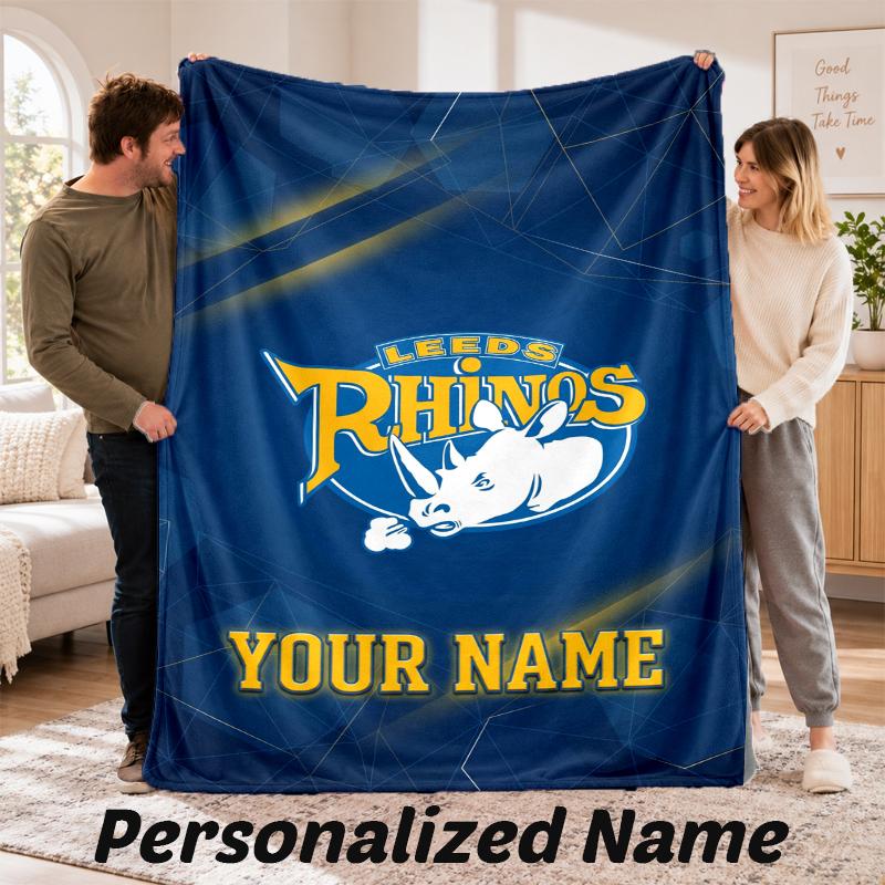 Leeds Rhinos Personalized Flannel Blanket Custom Name Text Soft Throw Blanket Home Decor