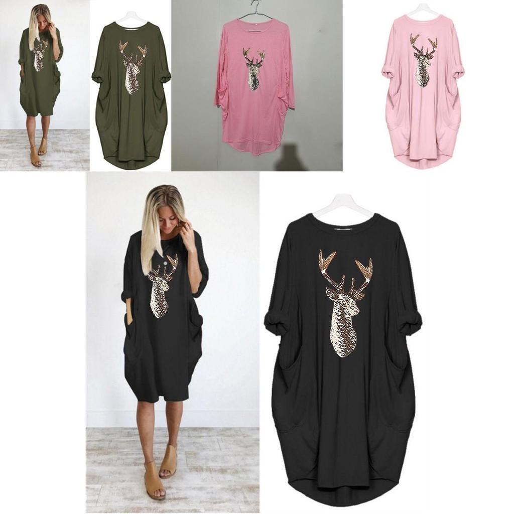 Women's Christmas Deer Pattern Printed Round Neck Dress With Full Sleeves And Stylish Design