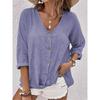 Fashion Solid Color Retro Casual and Versatile V-neck Seven Sleeve T-shirt Tops for Female Basic Commute Camisetas with Buttons