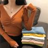 Women Fall V-neck Long Sleeve Solid Color Slim Fit Pullover Knit Sweater Tops