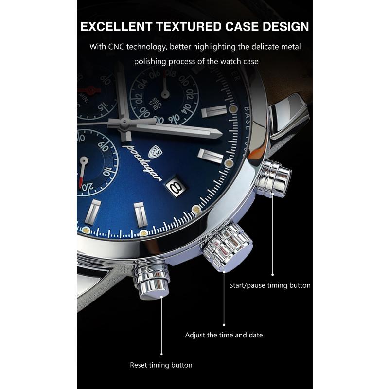 Новые мужские часы POEDAGAR Brand Luxury Leather Strap Водонепроницаемые спортивные кварцевые часы с хронографом, военные часы для мужчин
