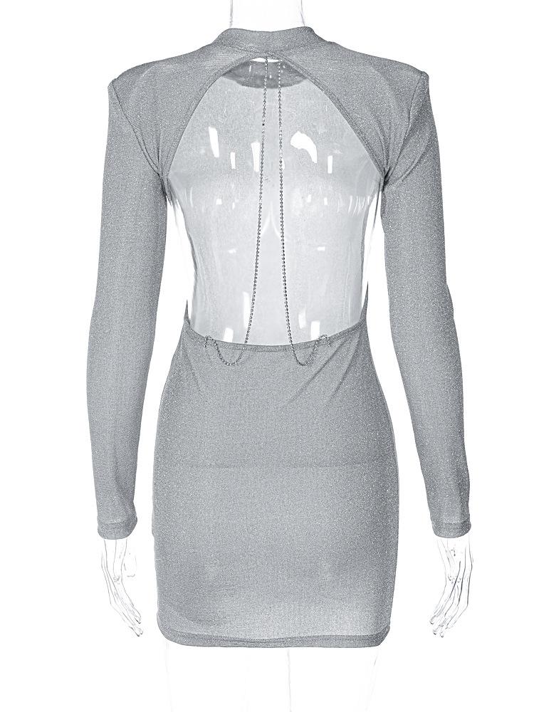 Женщины, Весна Осень, Сексуальность, Открытая Спинка, Цепочка, Блеск, Вечеринка, Элегантный, Наряды, Длинный Рукав, Мини-Платье