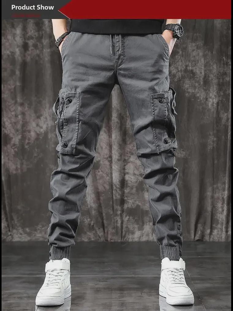 2024 Мужские облегающие брюки с зауженными штанинами и несколькими карманами на весну и осень - черные