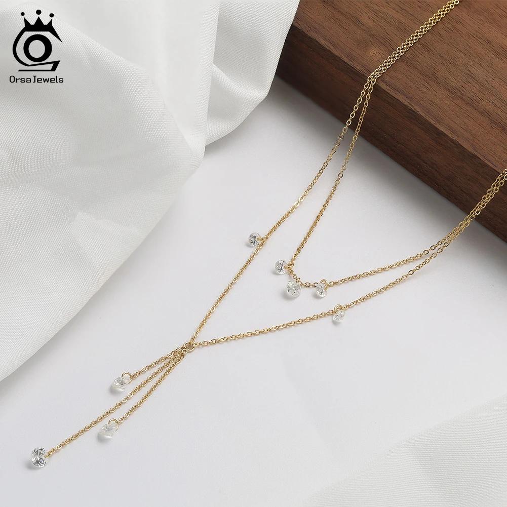 ORSA JEWELS Настоящее серебро 925 пробы Многослойное ожерелье для женщин и девочек Винтажная штабелируемая цепочка с подвеской из кубического циркония Чокер Украшение BQN20