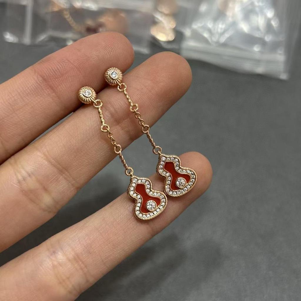 18K Gold-Plated Carnelian Gourd Earrings for Women - Chinese Style Pendant