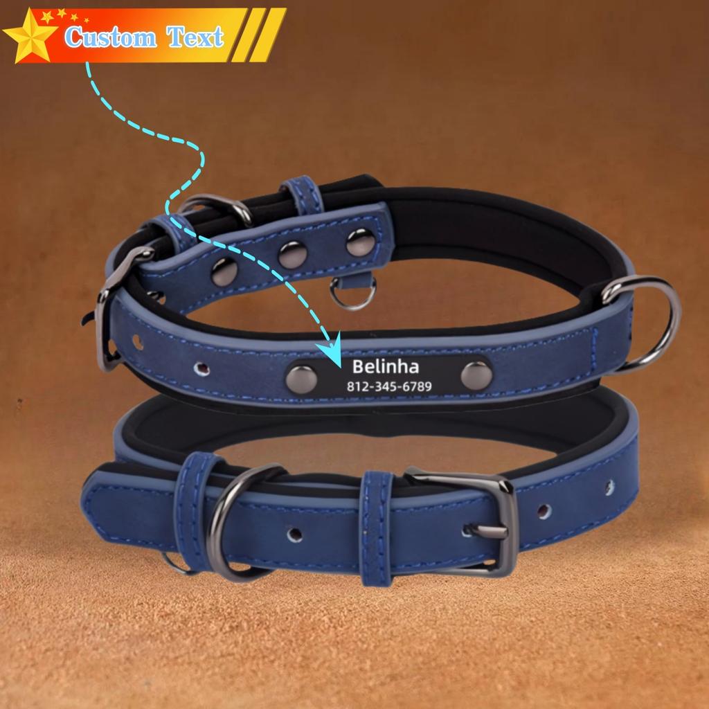 Персонализированная ID-табличка Ошейник для собаки из ПУ кожи с мягкой подкладкой Ошейники для собак Бесплатная гравировка Имени для маленьких, средних, крупных собак Регулируемый