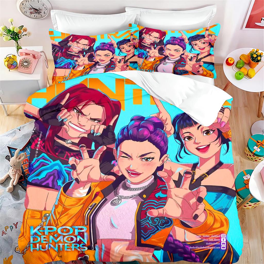 KPop Demon Hunters Аниме 100% Полиэстер Комплект постельного белья Комплект пододеяльника Печатный Мультяшный Домашний Декор