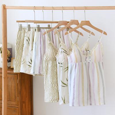 Летний новый женский комплект из двух предметов, пижама из 100% хлопкового крепа с накладками на грудь, милая и симпатичная для дома