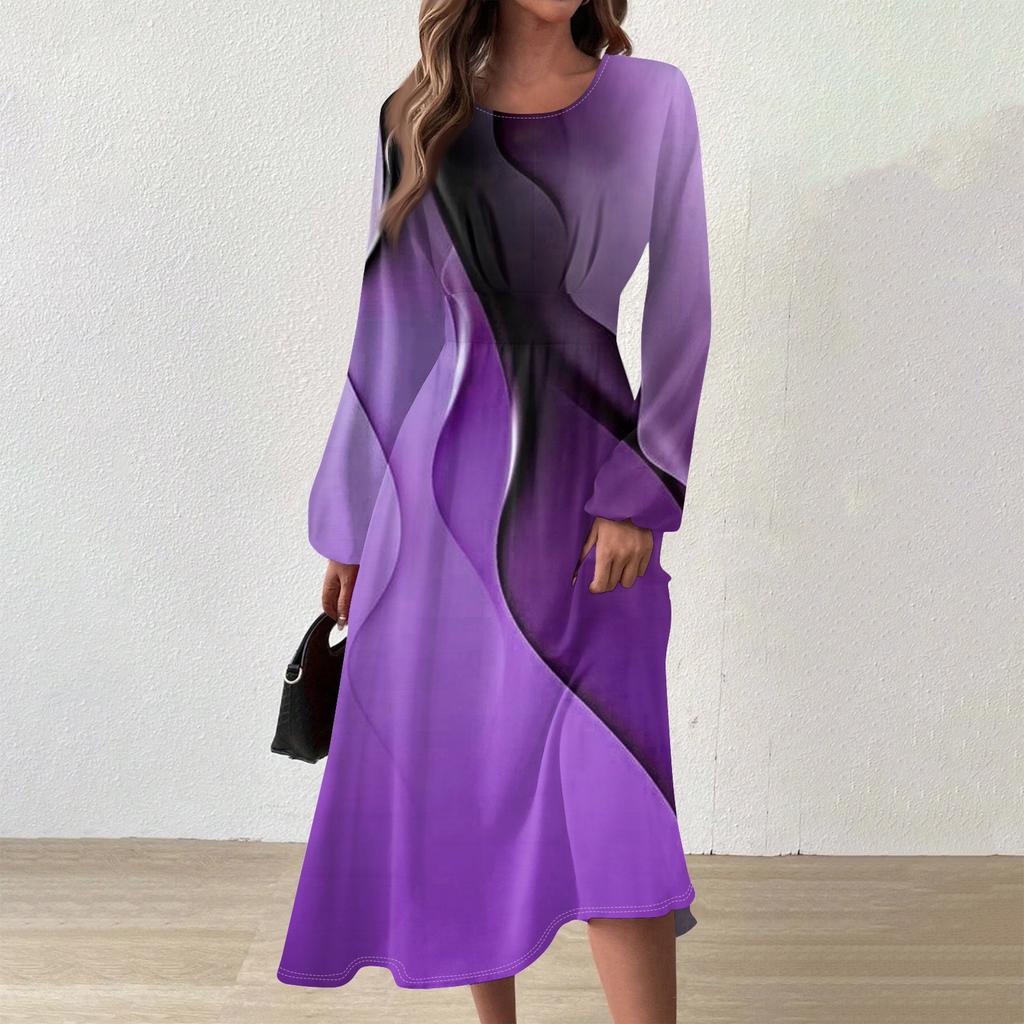 Женское осенне-зимнее повседневное модное платье с круглым вырезом и длинным рукавом с принтом