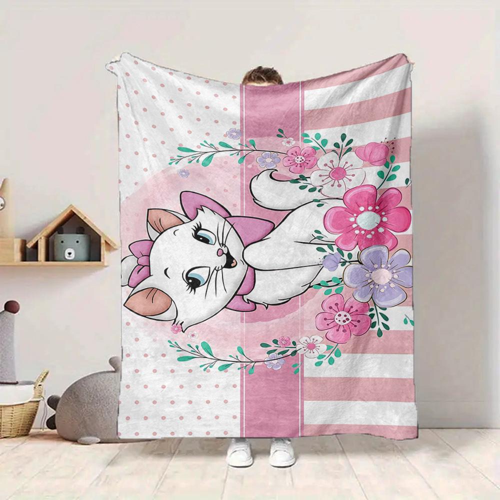 1Pc Floral Cat Illustration Flannel Blanket, Soft And Comfortable, Casual Warm, Camping Travel, Christmas, Halloween Xmas Gift Y1211