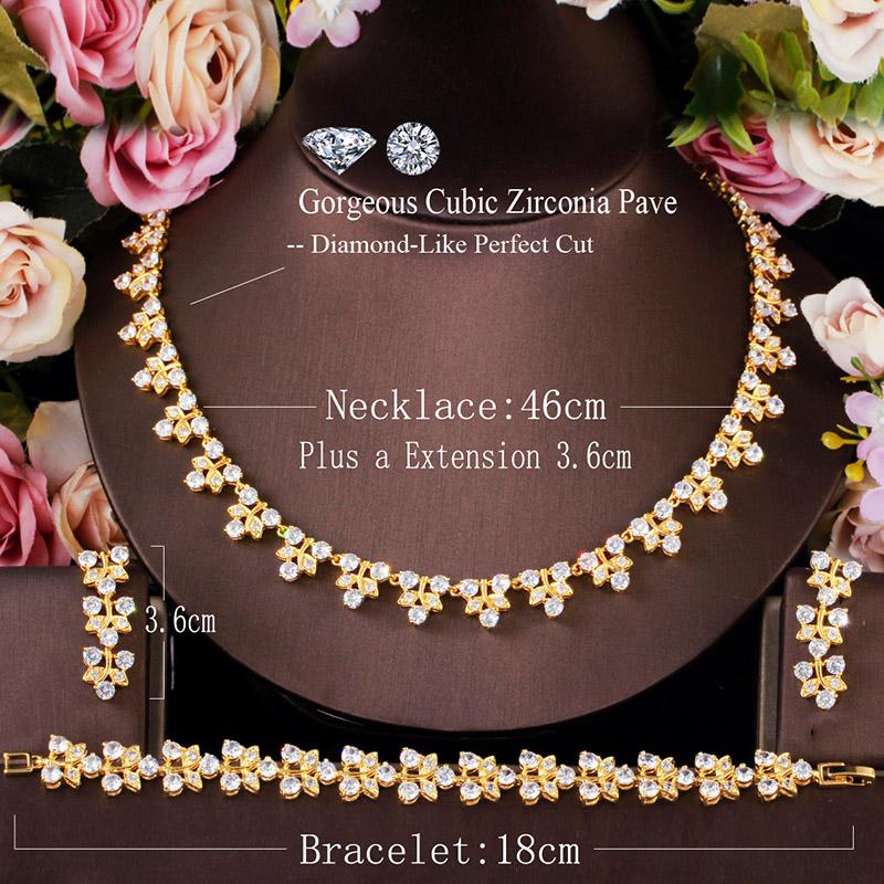 CMM Luxurious 3PCS Cubic Zirconia Dubai Gold Color Leaf Earrings Necklace Bracelet Sets