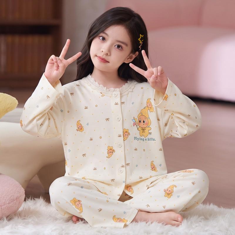 Cotton Girls Pajama Set Long Sleeve Cartoon Print Sleepwear Kids Teens Home Wear