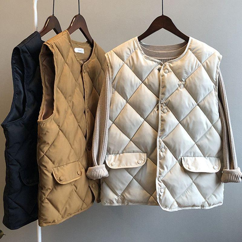 Autumn Winter Women's Quilted Cotton Vest Sleeveless O-neck Loose Padded Waistvest Single Breasted Casual Ultralight Portable Vest