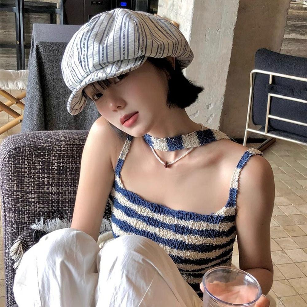 Striped Pattern Peaked Caps Soft Newsboy Cap Niche Style Painter Hat for Women