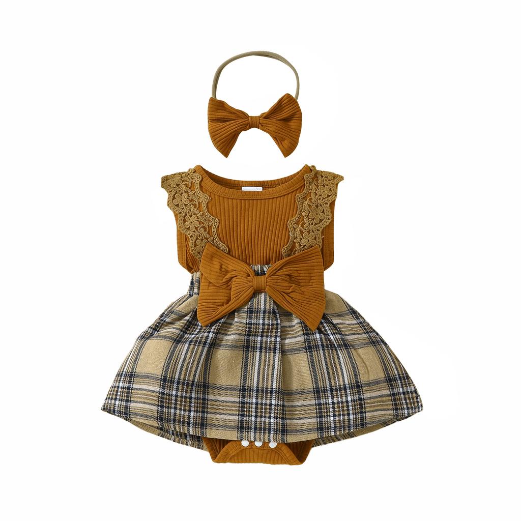 Комбинезон для маленьких девочек, платье, кружевная клетчатая юбка с рукавами-крылышками и бантом, подол, боди для младенцев, летняя одежда с повязкой на голову
