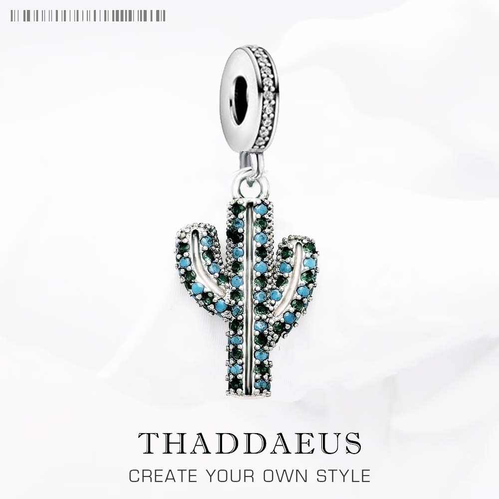 Blue Cactus Charm Fine Jewelry Europe Club Trendy Women Gift In 925 Silver