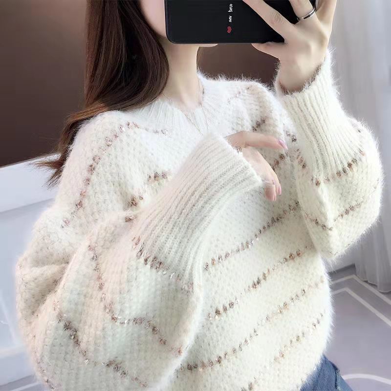 Блестящий шелковый свободный ленивый стиль верхняя одежда пуловер женский круглый вырез вязаный свитер