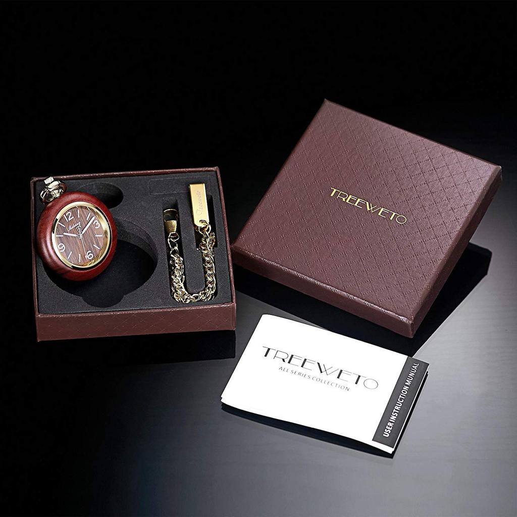 TREEWETO Pocket Watch Wooden Antique Quartz Arabic Numerals with Chain