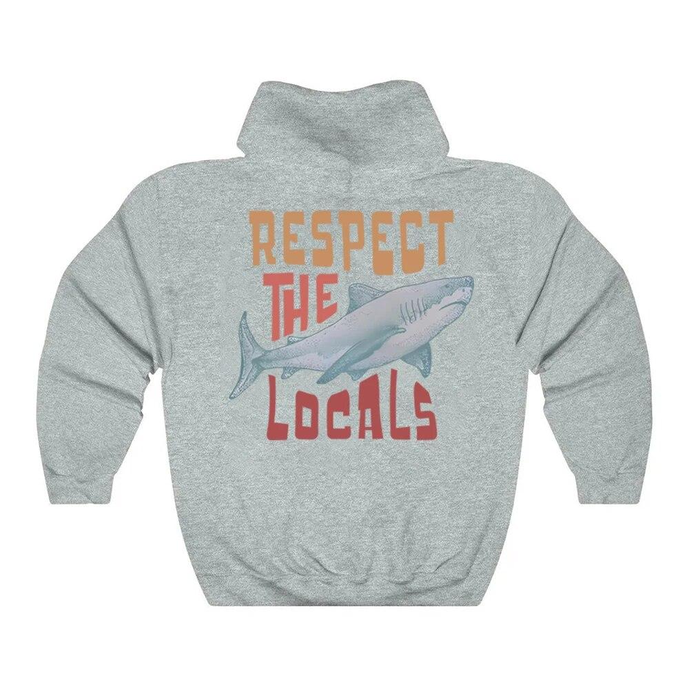 Толстовка Respect The Local Толстовка с капюшоном для местного серфинга Пляжный пуловер с изображением акулы Винтажные пляжные толстовки для охраны океана Толстовка унисекс