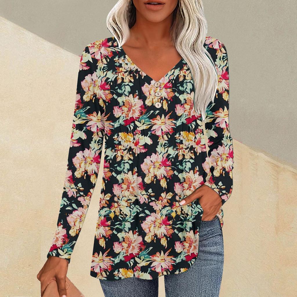 Женская модная повседневная плиссированная футболка с V-образным вырезом и растительным принтом, длинный рукав