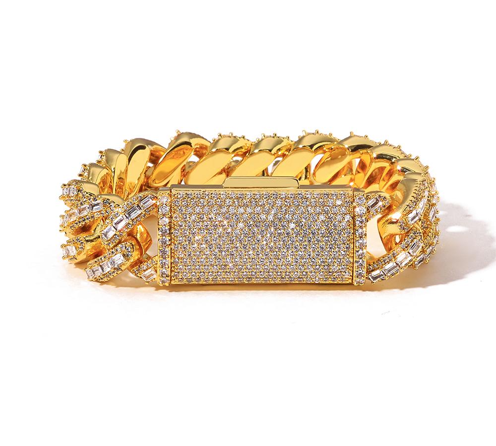 NUOYA Flip Lock Cuban Bracelet 18mm 18K Gold Plated Iced Baguette Cut Zircon Hip Hop Heavy Duty Jewelry