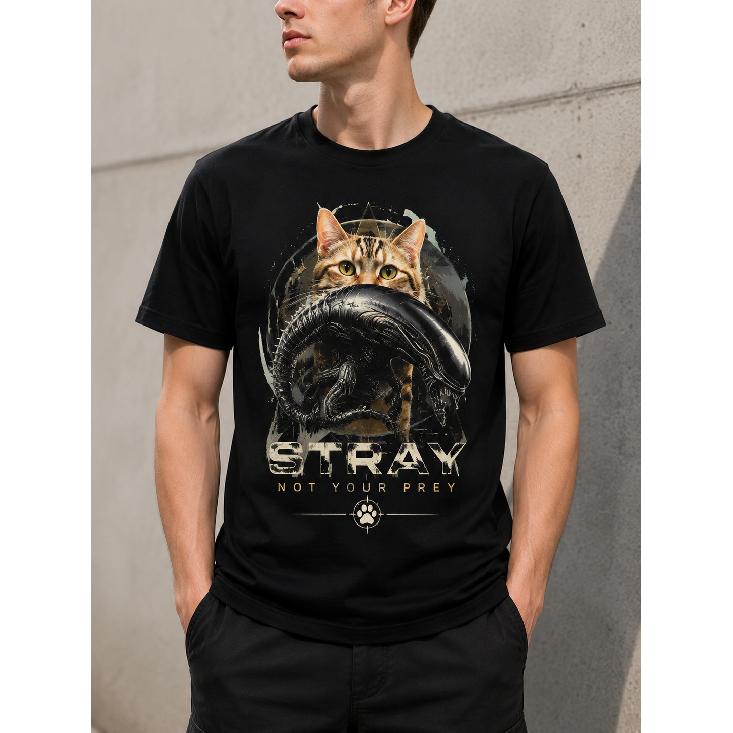 men's short sleeve t-shirt with cat and alien graphic, crew neck, soft cotton feel, casual fit, streetwear style for daily wear or gaming fans