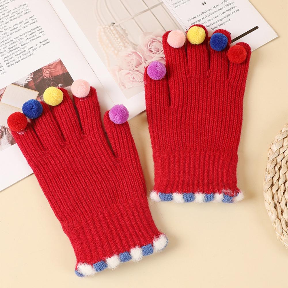 Korean Style Full Finger Mittens Colorful Hairball Cycling Driving Gloves Knitting Gloves Outdooor