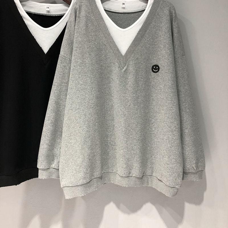Женский свитшот Весна Осень Новый Тонкий Имитация Двойки V-образный вырез Длинный рукав Топ