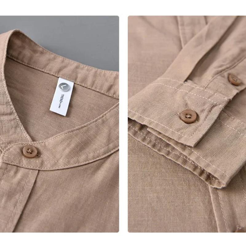 Рубашки из хлопка и льна простого стиля для мужчин Весна Лето Повседневная рубашка с длинным рукавом Карман Воротник-стойка Однотонная рубашка Пляжная Дышащая Мужская Топ