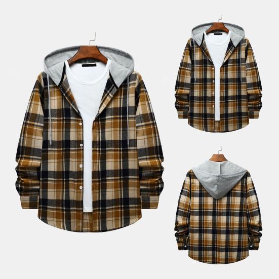 Men Spring Shirt Drawstring Contrast Color Plaid Print Hooded Cardigan Keep Warm Single-breasted Buttons Men Spring Autumn Shirt for Daily Wear