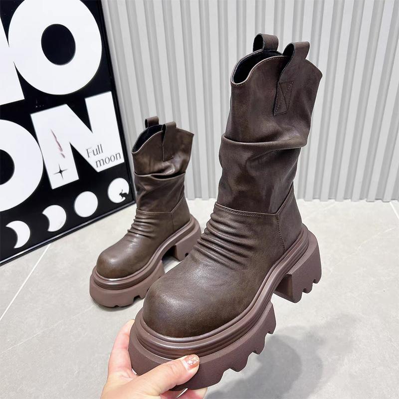 Женские ботильоны на платформе, кожаные туфли со складками на среднем каблуке, женские модные зимние ботинки 2024 года, новые готические зимние мотоциклетные ботинки Mujer
