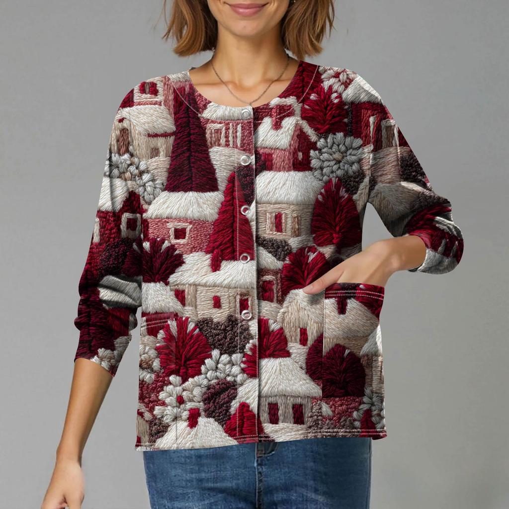 Women's Casual Long-Sleeved Single-Breasted Christmas-Themed Print Cardigan