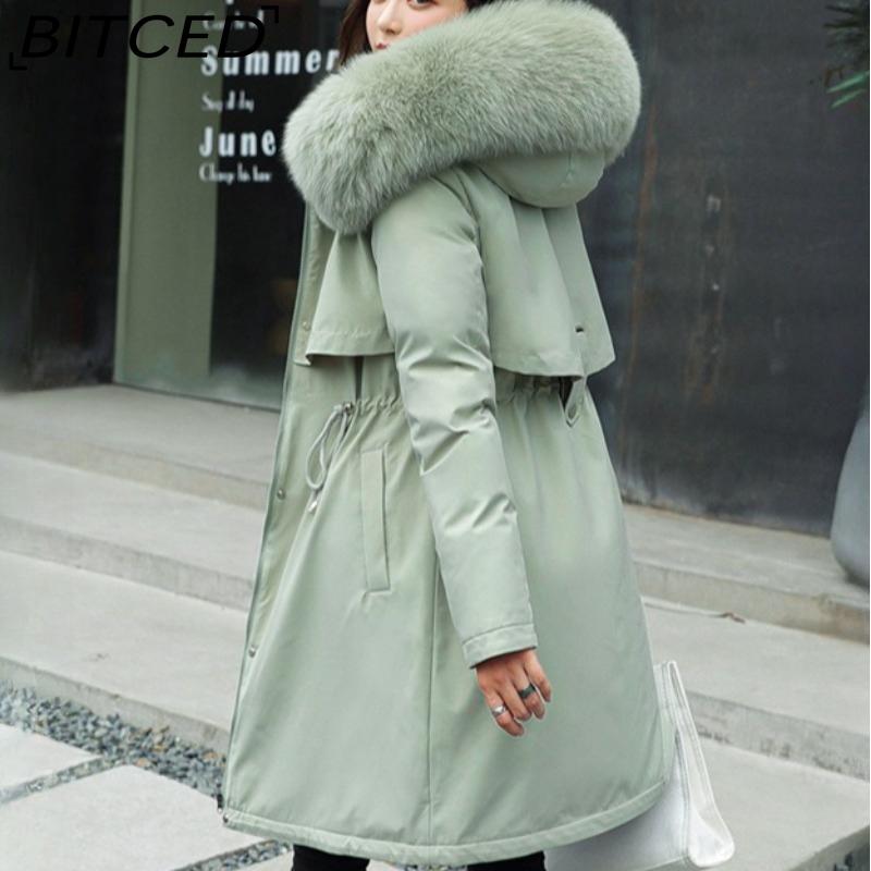 BITCED Winter Women's Mid-Length Cotton Coat with Large Fur Collar and Fleece Lining