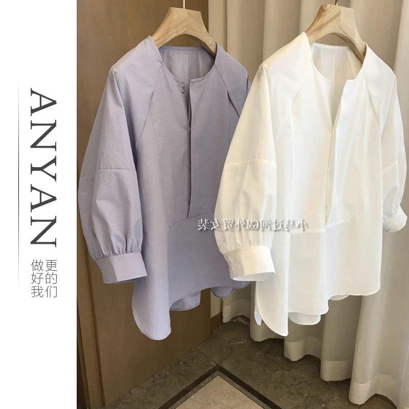 Женский пуловер однотонный простой стиль свободный круглый вырез рукав-фонарик рубашка топ