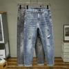 Spring Ripped Scar Repair Trend Versatile Elastic Denim Pinch Pants Men