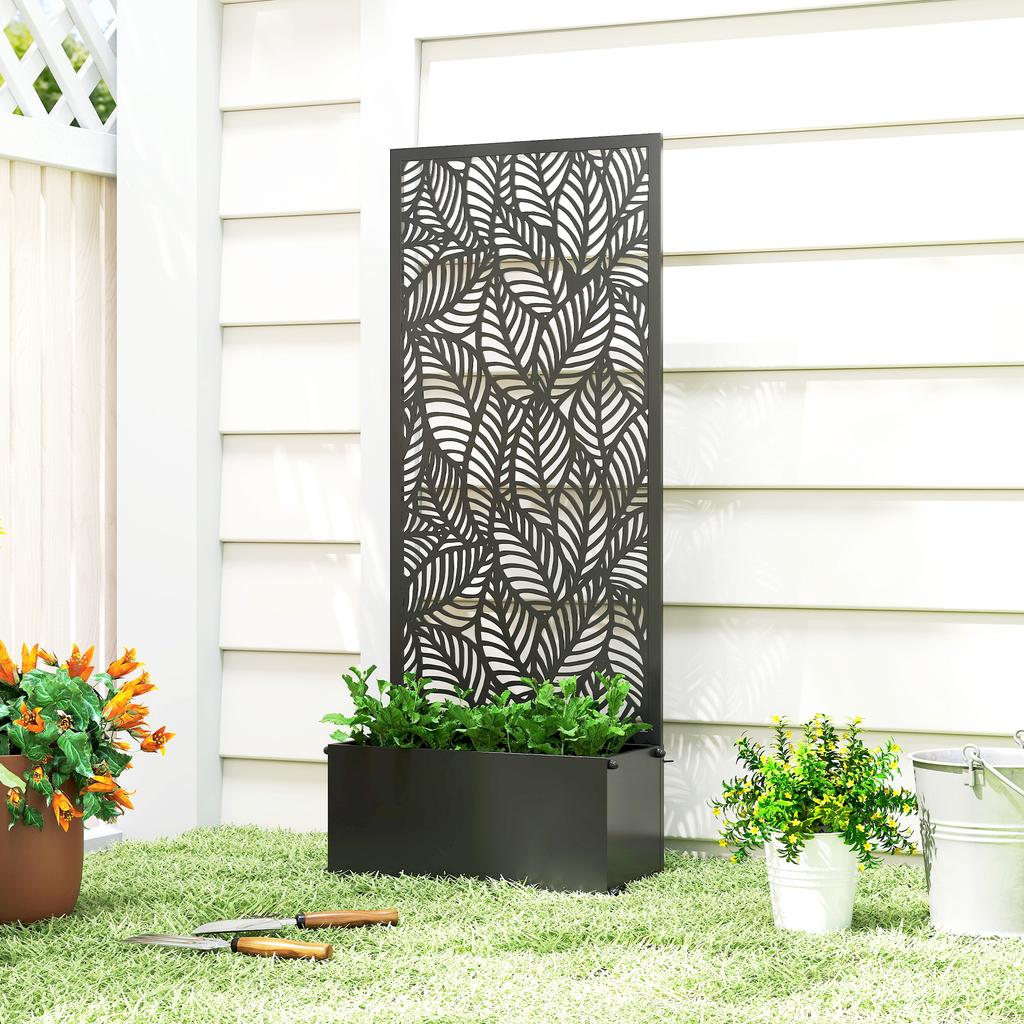 Planter with trellis, flower box, with privacy screen, for climbing plants, metal, 45 x 21.5 x 110 cm, black
